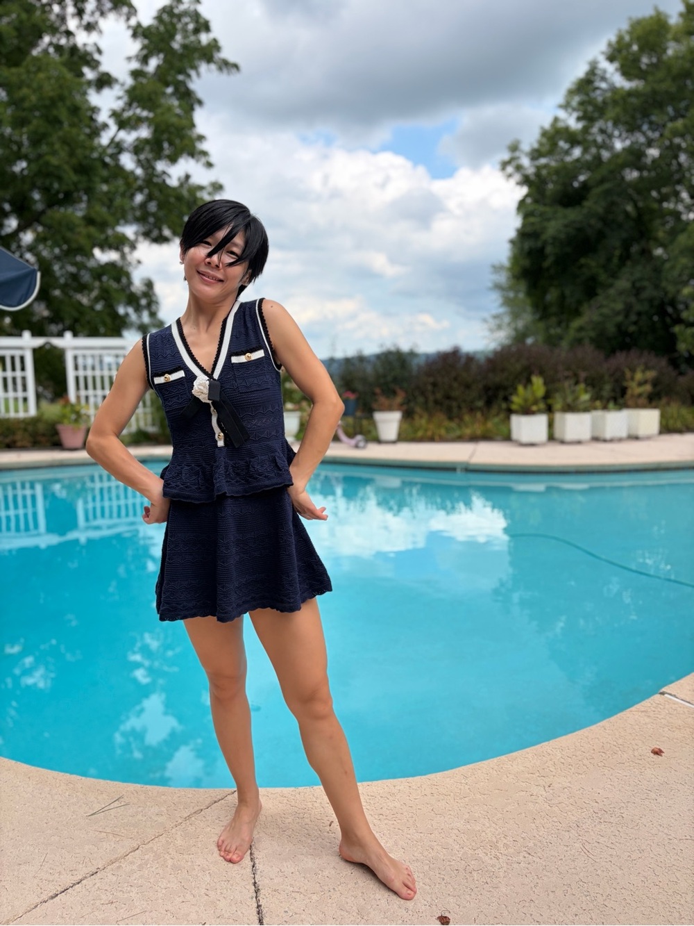 NWOT Self-Portrait Navy Peplum Pointelle Knit Mini Dress, Size M